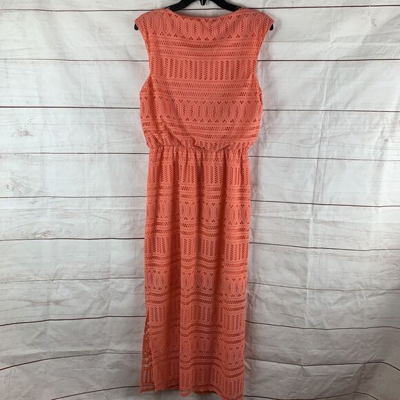 London Times Dress Maxi Midi V-neck 8 M Orange Pink elastic waist lace stretch - Picture 3 of 16